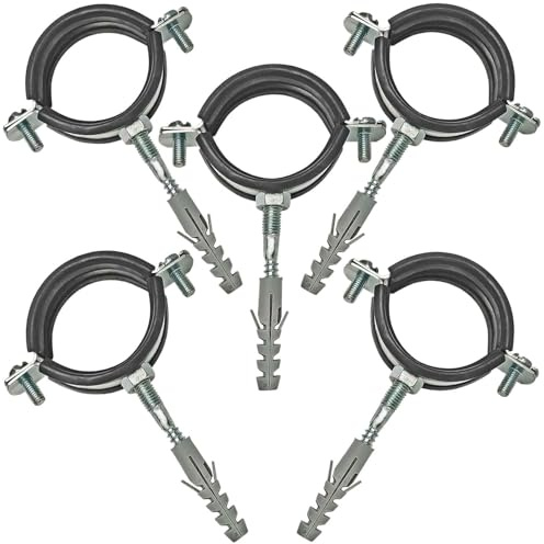 MegaHaustechnik 2-Schrauben-Rohrschellen aus Stahl verzinkt, Set 5 Stück mit Stockschrauben und Dübel, Spannbereich 125 bis 130mm Rohr-Außendurchmesser, mit Schallschutz, mit M8 Gewinde-Mutter