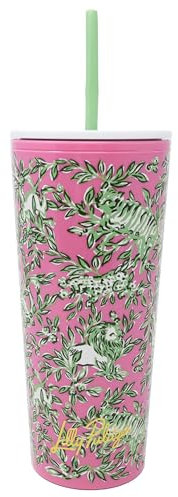 Lilly Pulitzer Double Wall Tumbler with Lid and Reusable Straw, White Plastic Cup, Insulated Travel Cup Holds 24 Ounces, Mane Character Energy