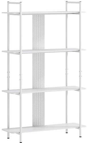 HOMCOM Estantería de 4 Niveles Estantería Librería con Panel Perforado y Marco Metálico Estantería Estrecha para Sala de Estar Estudio Dormitorio Oficina Blanco