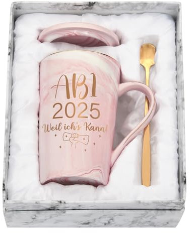 Diztoud Abi 2025 Geschenk Kaffeetasse, Abitur 2025 Geschenke Mädchen, Junge, Abi 2025 Weil ich's kann Tasse, Abschluss Geschenk, 400ML Rosa Keramik Marmorbecher mit Deckel, Löffel und Geschenkbox