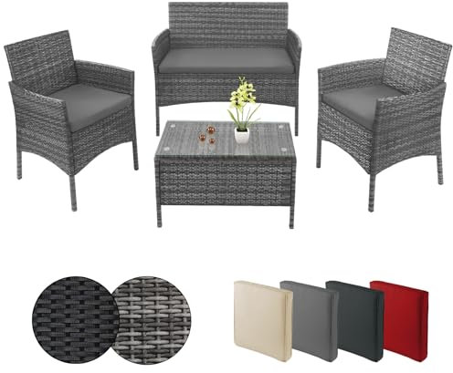 BB Sport Poly Rattan Sitzgruppe 4 Personen Tisch 2 Stühle Sitzbank 5cm Dicke Sitzpolster Balkonmöbel Set Sitzgarnitur Balkon Terrasse Garten Outdoor, Farbe:Grau-meliert/Kieselstrand