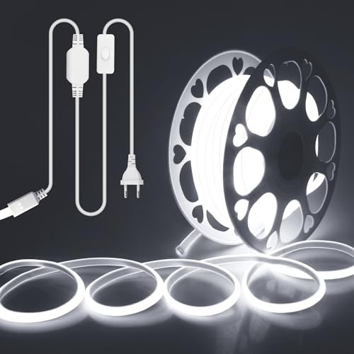 ALITOVE LED Band 20M Kaltweiß 6000K COB LED Streifen Aussenbereich Wasserdicht 230V Direktanschluss mit Schalter für Schlafzimmer Garten Terrasse DIY-Beleuchtung und Heimdekoration