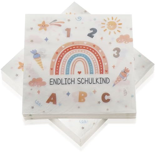 Rierousy 40 Stück Servietten Einschulung Regenbogen, Einschulung Mädchen, Servietten Schulanfang, Schulkind Regenbogen Papierservietten,Tischdeko Einschulung