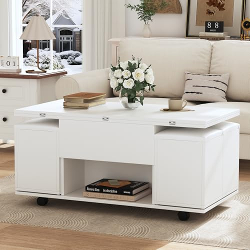 ModernLuxe Lift Top Coffee Tables for Living Room, Stylish Side Table with 1 Large Hidden Compartment and 2 Open Storage Compartments, 4 Stools with Hidden Storage, White, 100x50x48cm