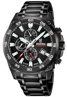 Festina Herrenuhr Chronograph aus Edelstahl 316L Schwarz | Quarzuhr, Kalender, Widerstandsfähiges Glas, Wasserdicht 20 ATM, F20735/3, Timeless Chronograph