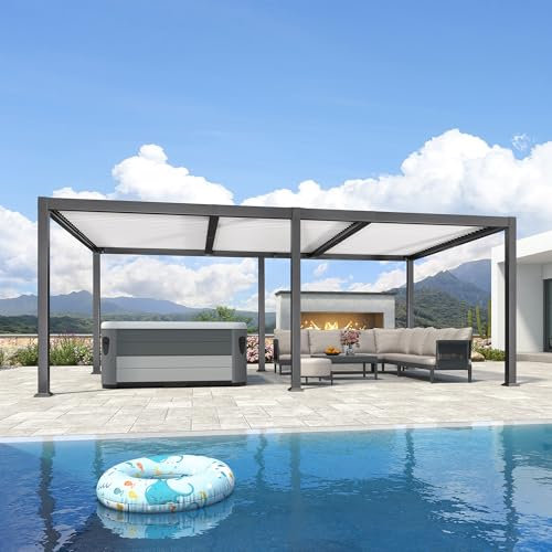 Pergola bioclimatique en aluminium de 6,35 x 3,5 m avec lames réglables, auvent gris, poteaux de soutien blanc, structure moderne pour jardin et patio