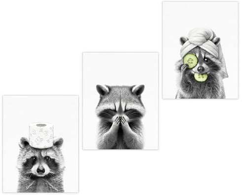 HERKINDNESS 3 Stück Poster Badezimmer, Niedlicher Waschbär Schwarz Weiß Bilder, A4 Bilder Badezimmer, Ohne Rahmen, Bilders Toilette für Hotel, Zuhause, Öffentliche Bereiche