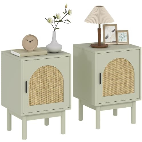 HOMCOM Lot de 2 Tables de Chevet, Table de Nuit, 40 x 35 x 58 cm, Vert | Porte en Résine Tressée, Étagère Réglable, Pieds en Bois Massif, Style Boho, Bout de Canapé, Chambre à Coucher, Salon