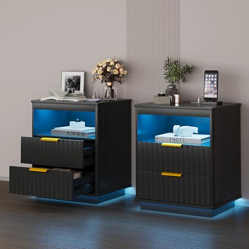 Vlsrka 2er Set Nachttisch mit LED-Licht & Ladefunktion, Nachtschrank mit USB und Type-C Anschlüssen, Modern Nachtkästchen mit 2 Schubladen, Holz Nachttisch für Wohnzimmer Schlafzimmer, Schwarz