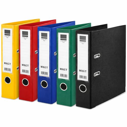 MKGT A4 Lever Arch File 75mm Spine – Heavy Duty Metal Lever Arch Mechanism, Strong Ring Binder Folder with Thumb Hole & Spine Label for Office, School & Home Filing (Assorted Set, Pack of 5)