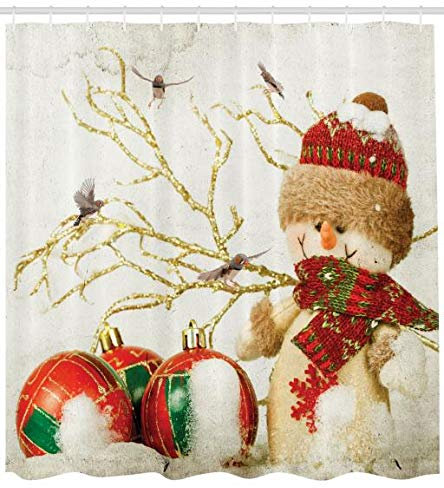 ABAKUHAUS Weihnachten Duschvorhang, Vintage Style Snowman, Waschbar und Pflegeleicht mit 12 Haken Hochwertiger Druck Farbfest Langhaltig, 175 x 200 cm, Eierschalenfarben