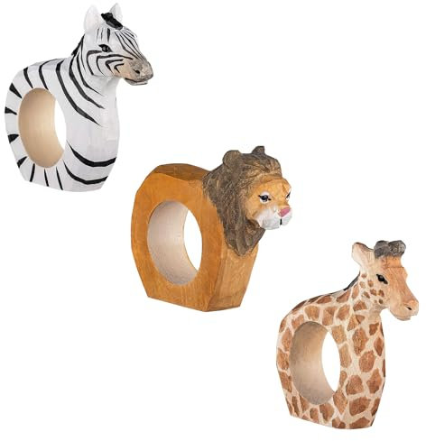 your castle Serviettenringe|Handgeschnitzt|Tierdesign - Löwe, Zebra, Giraffe|3er-Set|aus Holz|Handbemalt|Vielseitig einsetzbar|mit Standfestem Boden|9x7x2 cm