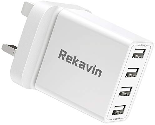 USB Plug UK Mains Charger,Rekavin Multi USB Plug Adaptor UK 4 Port/5A Phone Wall Charge Power Adapter Fast Charging for iPhone 16 15 14 13 12 11 pro Max 10 XS XR X 8 7 6 6S Plus 5S 5C SE,Samsung,ipad