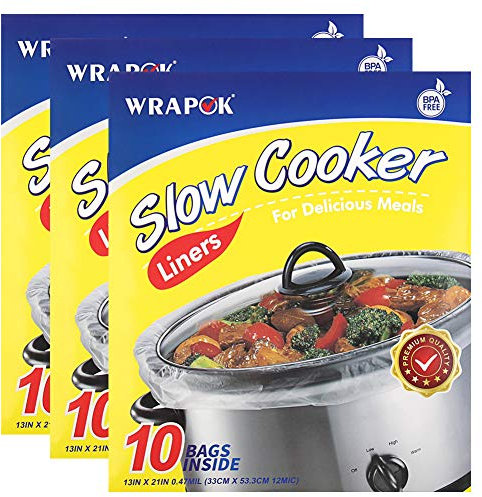 WRAPOK Slow Cooker Liners Kitchen Disposable Cooking Bags BPA Free for Oval or Round Pot, Large Size 13 x 21 Inch, Fits 3 to 8.5 Quarts - 3 Pack (30 Bags Total)