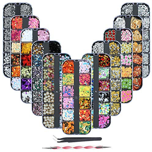 11 Boxen Nail Art Strass Kit - Nailart Gemischt Strass Set,Nagel Kunst Strasssteine Gems Perlen Edelsteine Bunt Pferdeaugen Strass mit 1 Pinzetten und 1 Strass Picker für Nagel DIY Dekoration