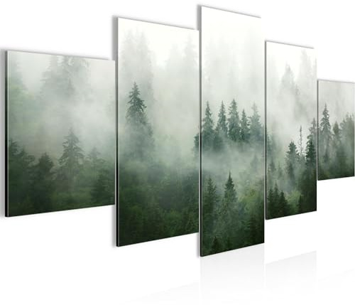 Runa Art Bild Wohnzimmer Schlafzimmer Wald Natur 5 Teilig Nebel Grün Grau Wandbilder auf Vlies Leinwand 032353a