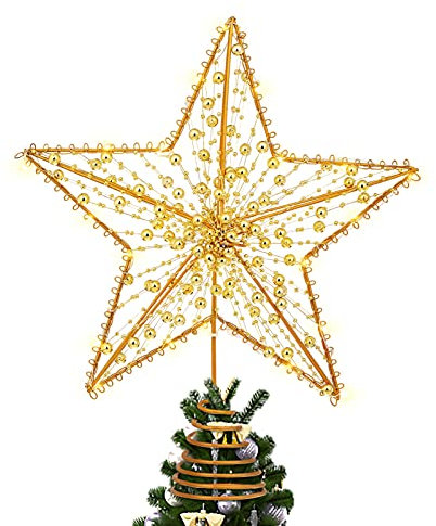 STOBOK Christmas Tree Star Topper, Golden Iron Beaded Hollow Star with Led Lights, 11.6 X 10.2 Inch Treetop Ornament for Xmas Party Home Decoration
