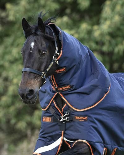 Horseware Rambo Supreme Hood 50g - Navy/Orange: Atmungsaktiv, Wasserdicht/Winddicht, Extrem Reißfest - Halsteil mit 50g Füllung für Pferd, Klassisch, Navyblau/Orange, S, Winter