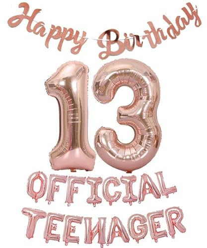 Offizielle Teenager 13. Geburtstag Dekorationen Mädchen Jungen, Happy Birthday Banner Nummer 13 Geburtstags Folien Ballons Offizielle Teenager Ballons für 13 Jahr Geburtstags Deko (Roségold)