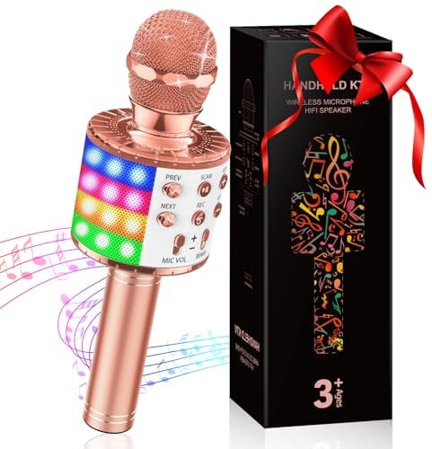 GeschenPark Microfono Karaoke, Giocattoli per Bambini 4-10 Anni Microfono Bluetooth Wireless con Luci LED, Microfono Giocattoli Regali di Natale Bambini, Compatibile con Android, iOS, PC