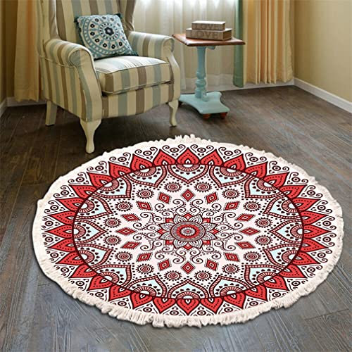 Tomifine Teppich Rund Bohemian Blume Groß Teppich Mandala Muster Quasten Waschbarer Baumwolle Teppich Wohnzimmer Schlafzimmer (120cm,Rot)