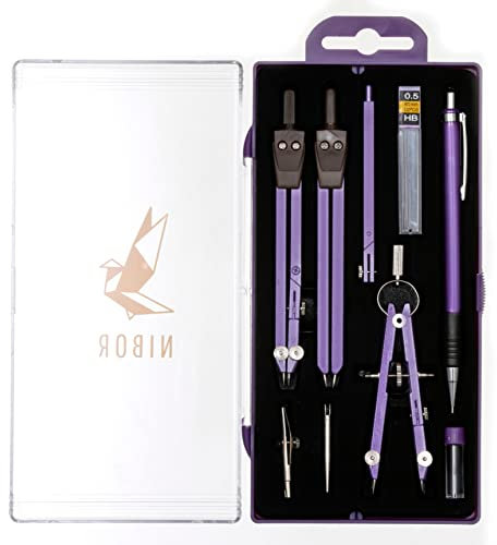 Premium Zirkelset von NIBOR in schönen Farben | Langlebiges, 9-teiliges Geometrieset | Geeignet um Präzision zu erschaffen | Violett