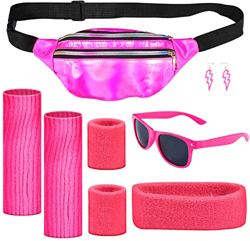 Lemotoy 80er Jahre Kostüm Zubehör, 80er Jahre Outfit Damen für Frauen mit Neon Pink Bum Bag, Stirnband, Beinstulpen, Armbänder, Brille und Ohrring für 80er 90er Jahre Themenparty Karneval