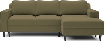 Selsey - Nalika L-förmiges Eckschlafsofa mit Stauraum, rechtsseitiger hydrophober Velours in Olivgrün