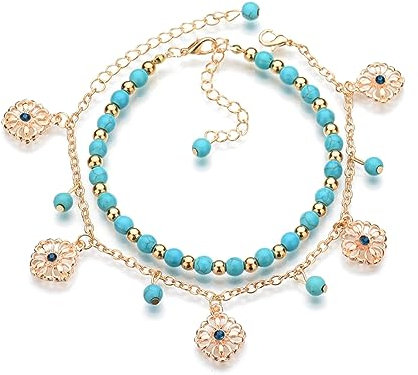 Bracelets de cheville perlés faits à la main, Bracelets de cheville Boho bleu turquoise Bracelets de cheville en perles d'argent Accessoires de plage Bijoux de pied réglables pour femmes et filles