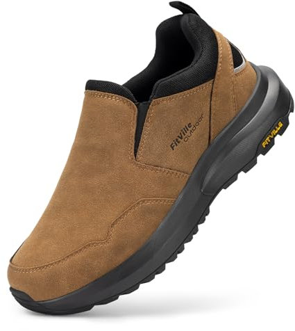 FitVille Men's Extra Wide Walking Shoes Slip On Outdoor Hiking Shoes for Swollen Feet - Explorer V1 Wide 9.5 UK Dune Brown