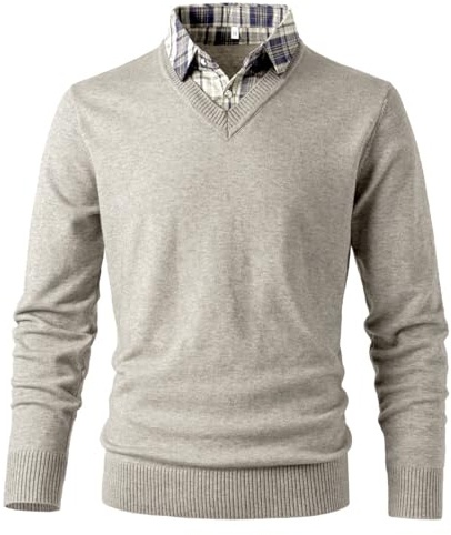 Btmpmcs Hemd Pullover Herren 2 in 1 Langarm Strick-Pullover mit V-Ausschnitt Slim Fit Schlicht Casual Strickjacke Sweatshirt Winterpullover Pulli mit Hemdkragen Mock