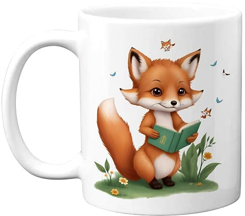 Taza de café de zorro con libro, taza para amantes de los zorros, taza para lectores, taza de cerámica divertida con refranes de gatos para Java (café), té caliente o chocolate caliente, 11 onzas, n.º