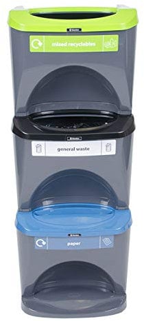 Glasdon Nexus Stack 90L Recycling Bin – Set of 3 x 30l Stackable Bin with a Choice of Waste Stream – Compact Bin for Home or Office from (Black + Lime Green + Blue)