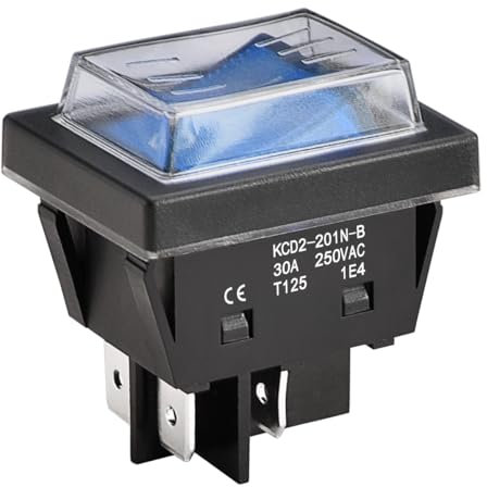 Heschen Interrupteur à bascule à courant élevé, 30A 250VAC, ON-OFF 2 positions, DPST, 4 bornes, Lumière Bleue, T125, avec couvercle étanche (1, Bleu)