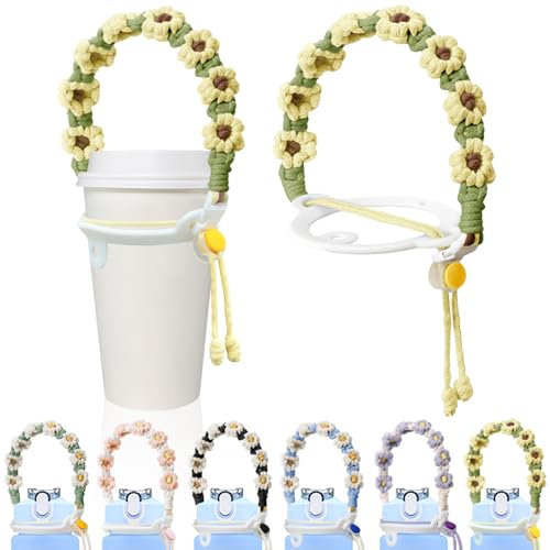 Yanmucy Water Bottle Strap Handmade Daisy Paracord Handle for Water Bottle Portable Coffee Cup Strap Durable Silicone Water Bottle Accessories for Commuting Gyms Cycling (Yellow)