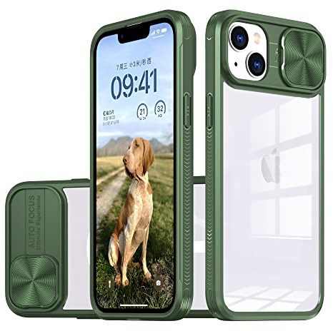 Coque pour iPhone 14，Protection Caméra Étui avec Ultra Mince Coulisse Cache Objectif composé d'un Dos en Transparent PC et d'un Cadre en TPU-Vert[Classe énergétique A+++]