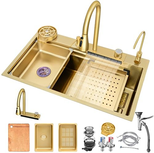 DSMRLEOP Gold Küchenspüle Wasserfall, Bar Spüle, 304 Edelstahlspüle, Haushaltsspüle Set, integrierte Spüle mit abnehmbarem Wasserhahn, Drop-in oder Undermount Installation (Color : Gold, S : 80x45cm