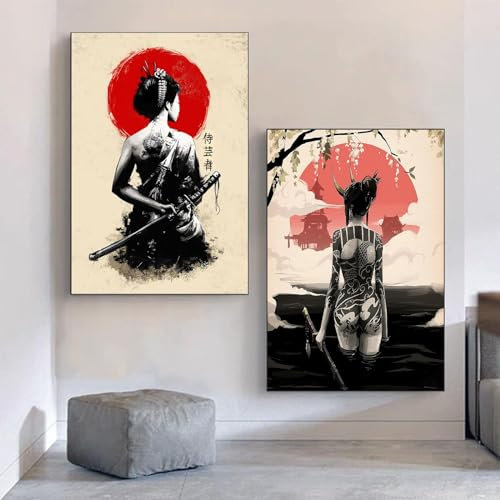 KAIDAARTLH Japanische Frau Samurai Leinwand Bilder, Japanische Bushido Poster Kunstdrucke, Schwarz Weiß Wandbilder Wohnzimmer, für Wohnzimmer Schlafzimmer Dekor set, Rahmenlos