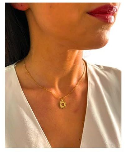 NataschaWoge® SONNE Pünktchen minimalistischer Schmuck EDELSTAHL Gold Silber Kette Halskette + Anhänger Geschenk für Sie Hollow Sun Goldkette (Halskette Gold)