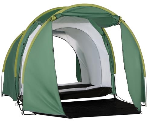 Outsunny Tenda da Campeggio 4 Persone a 2 Spazi, Tenda da Trekking con 4 Porte a Cerniera, Borsa per Trasporto e Ganci Inclusi, 410x240x195cm, Verde