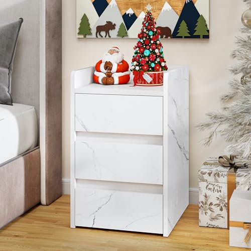 YITAHOME Bedside Table with 3 Drawers and Power Station, Modern Nightstand End Table, Water-Resistant Storage Side Table for Living Room and Bedroom, 35 x 40 x 59cm (Marble White)
