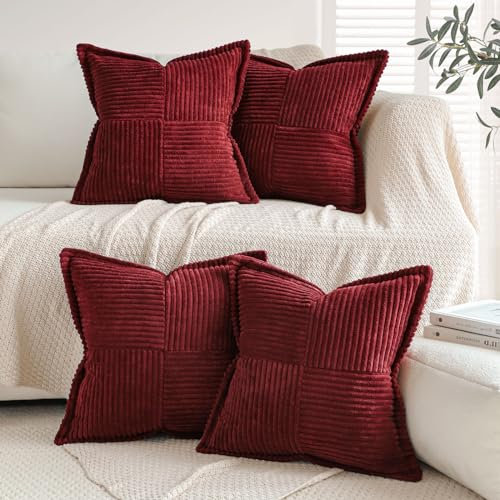 Sungeek 4er Set Kordsamt Kissenbezüge, Dekorativ Zierkissenbezüge Weich Kissenbezug Dekokissen Sofakissen Couchkissen Kissenhülle Deko Bezug für Sofa Schlafzimmer Wohnzimmer (Weinrot, 45x45 cm)