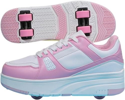 Schuhe Mit Rollen Für Jungen Mädchen, Kinder Rollschuhe Schuhe Mit 4 Rollen Turnschuhe Versenkbarer, 2-in-1 Roller Multifunktion Turnschuhe Skateboardschuhe Roller Skate (32EU,Rosa)