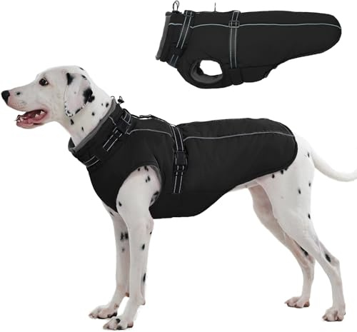 Lelepet Hundemantel für den Winter, Warme Hundejacke mit integriertem Geschirr, Winddicht Mantel mit Fleece Gefüttert für Hunde, Reflektierende Hundeweste für Kaltes Wetter, Schwarz L