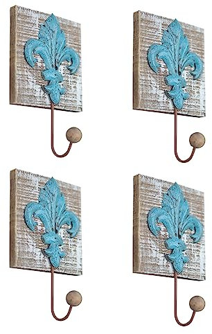Generisch Handtuchhalter 4 Stück Wandhaken Garderobenhaken Rustikal Lilie Holz Eisen Kleiderhaken Landhaus Handtuchhaken Shabby Chic Wanddeko Metallhaken für Bad Küche Kleiderschrank Blau