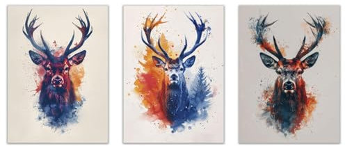 JOSUE Set 3 Teilig Aquarell Bilder Bunter Hirsch wandbilder modern Leinwand,Blau, schwarz Bilder Wanddekoration Wohnzimmer Schlafzimmer Wanddeko-30x45cmx3 Ungerahmt