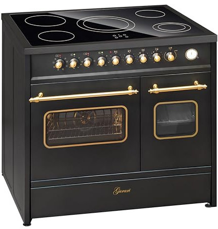 GURARI Cucina Elettrica GCH E 912 DF Cr Retro Cucina 90 cm a Libera Installazione in Nero Vintage Design con Doppio Forno e Piano Cottura in Vetroceramica a 5 Zone Hi-Light, Classe Energetica A