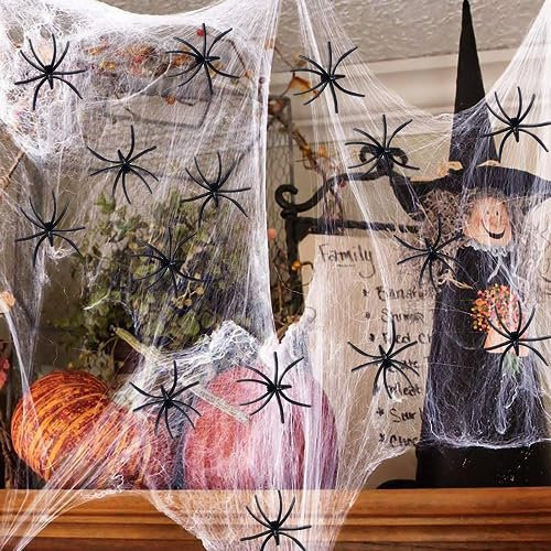 Trrrioosy Halloween Deko Spinnennetz 300g Mit 50 Spinnen - Dehnbare Dekoration für Outdoor Garten, Indoor Spukhaus, Gruselszene, Partyzubehör