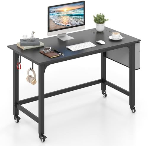 COSTWAY Rolling Computer Desk, 120cm Mobile Study Table Writing Workstation with Lockable Wheels, Storage Bag and 2 Headphone Hooks, Metal Frame PC Laptop Table Working Desk (Black)