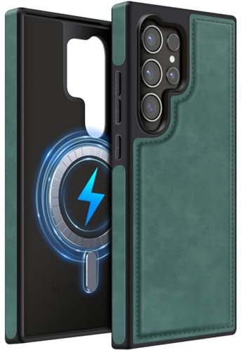 MOBESV Lederhülle für Samsung Galaxy S24 Ultra 6,8 Zoll, Magnetisch Handyhülle kompatibel mit MagSafe/Kabelloses Ladepad, Dünn Klassische Elegant Hülle, Grün